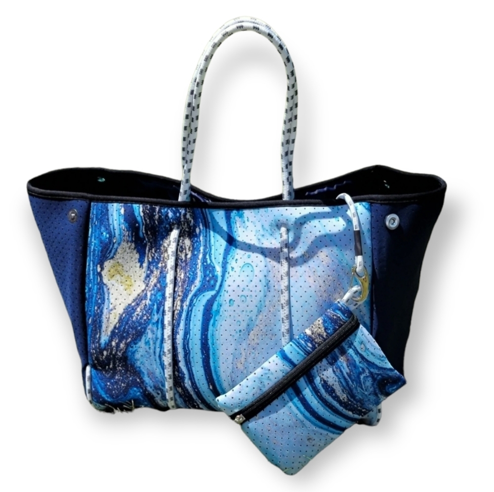 Neoprene Blue Marble Tote Bag with Wristlet